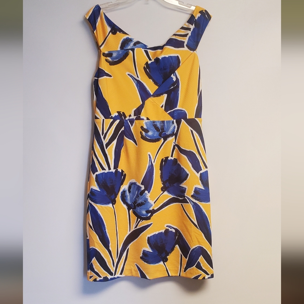 ANTONIO MELANI Katherine Knit Yellow and Blue Floral Bodycon Dress Size 14